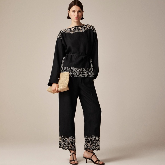 New JCREW Size M Soleil Pant in Embroidered Linen Black Beige $148 CI945 - Picture 1 of 8